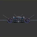 Blue And Silver Striped Spaceship With Red Glowing Engines And Orange Cockpit