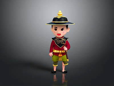 Cute Cartoon Character in Traditional Outfit With Black Gold Hat Red Top and Green Pants 3d model