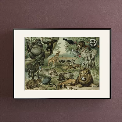 Vintage Framed Animal Painting Featuring Various Wild Animals In Natural Habitat 3d model