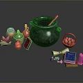 Assorted Daily Living Items With Black Cauldron Clay Pots Egg Basket Scroll And Mushrooms