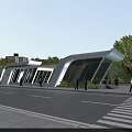 Modern Curved Urban Building Featuring Glass Facade Pedestrians And Lush Street Trees