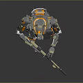 Gray And Orange Mechanical Robot Standing With Weapon And Armored Gear