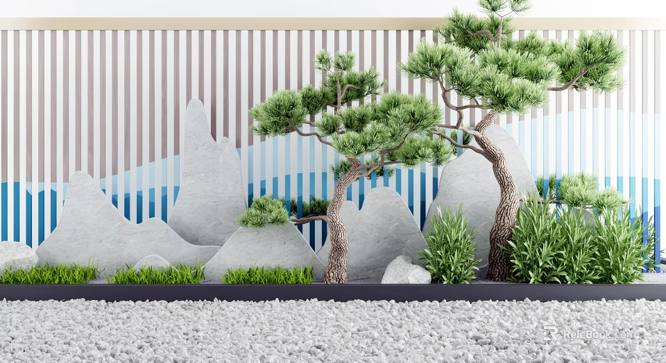 Modern Scenic Wall with Striped Background Mountain Decor Pine Trees Green Plants and Gravel 3d model 