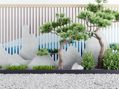 Modern Scenic Wall with Striped Background Mountain Decor Pine Trees Green Plants and Gravel 3d model