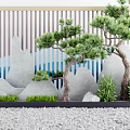 Modern Scenic Wall with Striped Background Mountain Decor Pine Trees Green Plants and Gravel