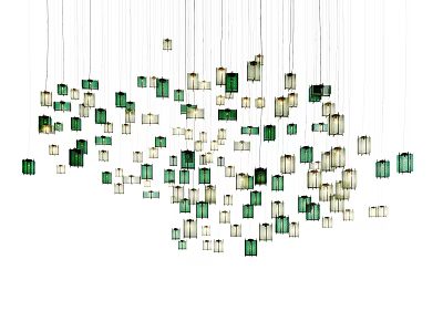 Multiple Green And Beige Rectangular Pendant Lights Hanging As Artistic Installation 3d model