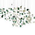 Multiple Green And Beige Rectangular Pendant Lights Hanging As Artistic Installation 3d model