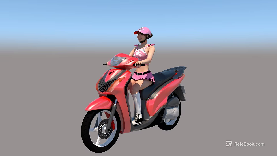 Pink Scooter Motorcycle With Female Rider Wearing Pink Outfit And Helmet 3d model 