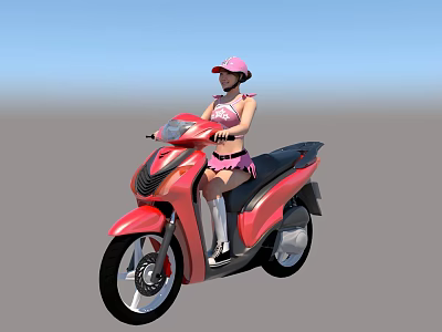 Pink Scooter Motorcycle With Female Rider Wearing Pink Outfit And Helmet 3d model