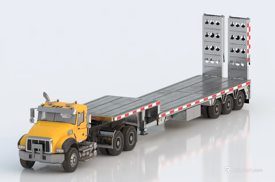 Yellow Heavy Duty Functional Vehicle With Flatbed Trailer And Metal Structures 3d model 