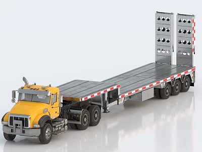 Yellow Heavy Duty Functional Vehicle With Flatbed Trailer And Metal Structures 3d model