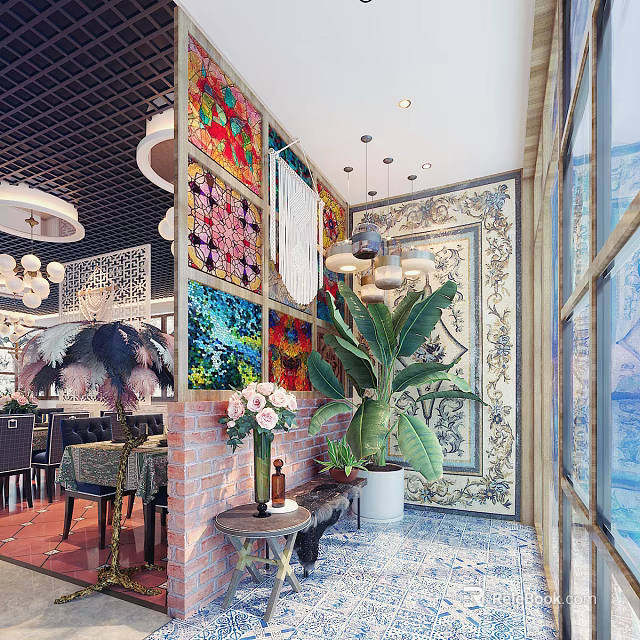 Shop Front Desk Area Featuring Multicolored Stained Glass Large Green Plant And Ornate Wall Decor 3d model 