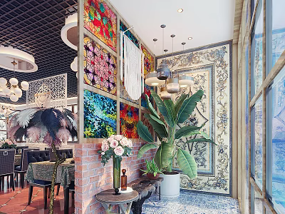 Shop Front Desk Area Featuring Multicolored Stained Glass Large Green Plant And Ornate Wall Decor 3d model
