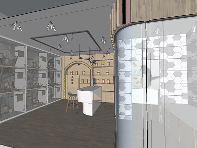 Modern Mall Store Interior With Glass Walls Display Shelves Bar Counter And Hexagonal Tiles 3d model