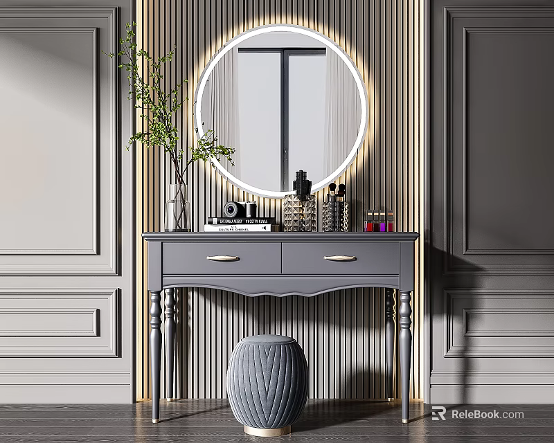Gray Dressing Table With Round LED Light Mirror Stool And Green Plant Decor 3d model 