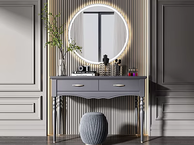 Gray Dressing Table With Round LED Light Mirror Stool And Green Plant Decor 3d model