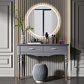 Gray Dressing Table With Round LED Light Mirror Stool And Green Plant Decor 3d model