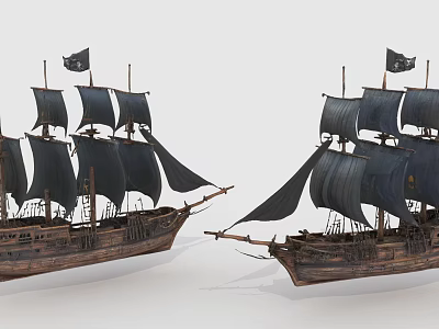 Two Detailed Wooden Sailing Ships With Black Sails And Pirate Flags 3d model