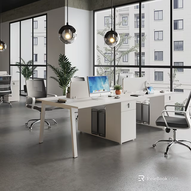 Modern Office Desk With Ergonomic Chair Computer Monitor Potted Plants And Large Window View 3d model 