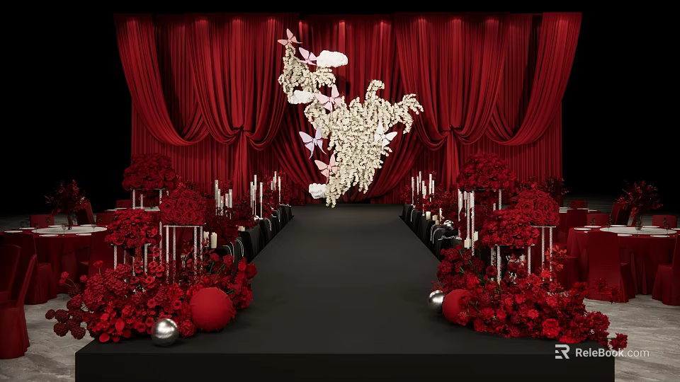 Red Wedding Stage Photo Spot With Curtain Chandelier Bouquets Candles And Red Carpet 3d model 