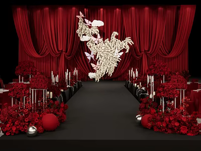 Red Wedding Stage Photo Spot With Curtain Chandelier Bouquets Candles And Red Carpet 3d model