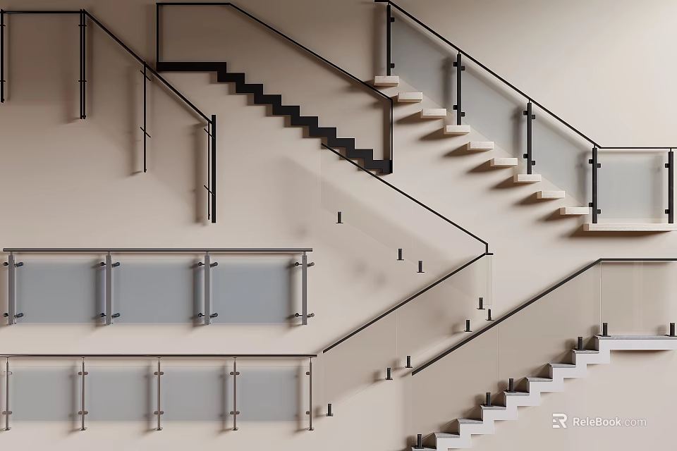 Modern Staircase Railings With Glass Panels And Metal Supports For Interior Design 3d model 