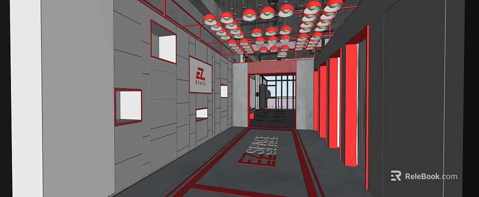 Fitness Center Interior Design Featuring Red Ceiling Lights Gray Walls Logo Sign And Floor Patterns 3d model 