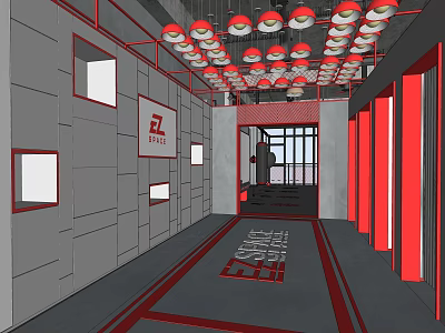 Fitness Center Interior Design Featuring Red Ceiling Lights Gray Walls Logo Sign And Floor Patterns 3d model