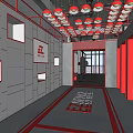 Fitness Center Interior Design Featuring Red Ceiling Lights Gray Walls Logo Sign And Floor Patterns
