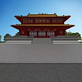 Ancient Chinese Architecture Red Building With Yellow Roof Ornate Cornices Carvings White Railings And Steps