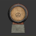 Wooden Wine Barrel with Red Fabric and Metal Hoops on Stone Stands