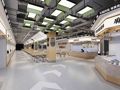 Modern Food Court Interior With Seating Area Bright Lighting And Counter Layout 3d model
