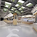 Modern Food Court Interior With Seating Area Bright Lighting And Counter Layout