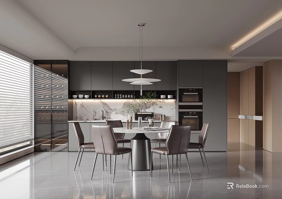 Modern Restaurant Interior With Open Kitchen Design And Dining Table Chairs 3d model