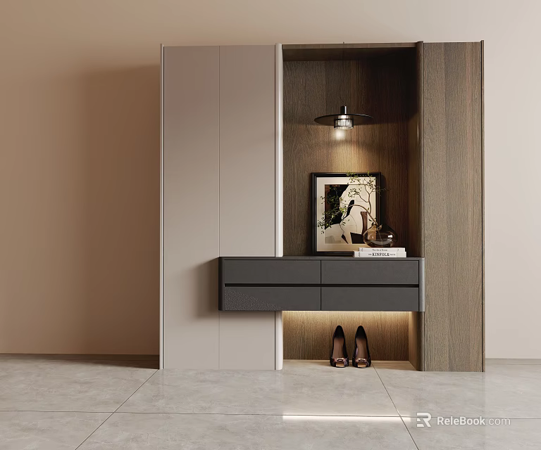 Modern Entryway Side Cabinet With Wood Gray Finish Drawer Storage Artwork And Shoes Below 3d model 
