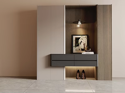 Modern Entryway Side Cabinet With Wood Gray Finish Drawer Storage Artwork And Shoes Below 3d model