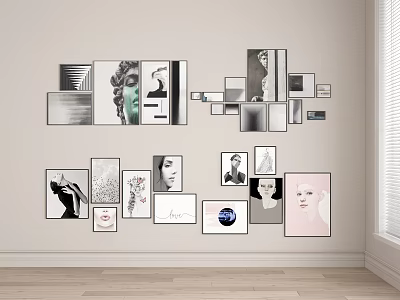 Modern Photo Wall Decor With Various Sized Frames And Artistic Pictures Arrangement 3d model