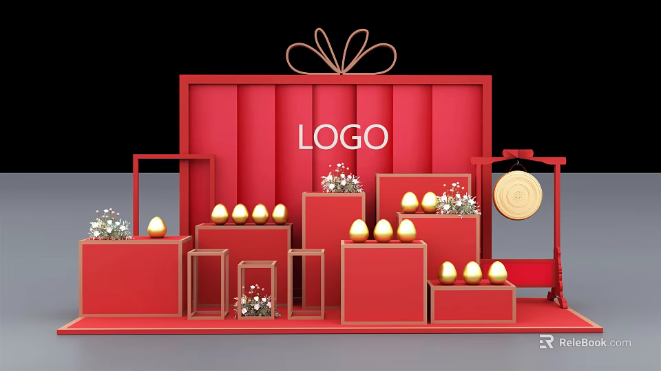 Red Display Stand Featuring LOGO Golden Eggs And Decorative Plants 3d model 