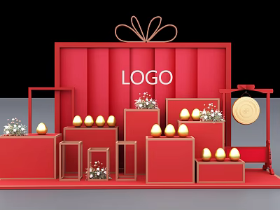 Red Display Stand Featuring LOGO Golden Eggs And Decorative Plants 3d model