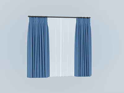 Blue Curtains With White Sheer Panels Hanging On Black Curtain Rod For Home Window 3d model