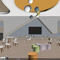 Bright Kindergarten Interior Design With Wooden Ceiling Yellow Lamp And Colorful Pendant Lights
