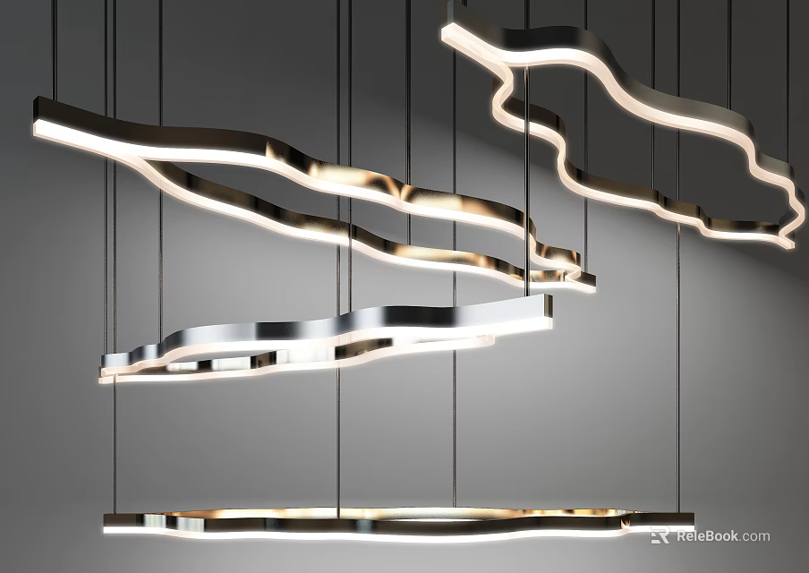 Modern Curved Chandelier Design With Wave Shaped LED Light Strips And Metallic Frames 3d model 