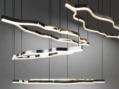 Modern Curved Chandelier Design With Wave Shaped LED Light Strips And Metallic Frames 3d model