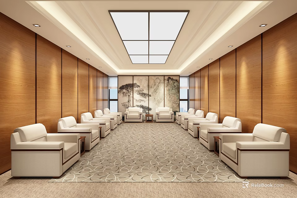 Hotel Public Lounge Area With White Sofas Wooden Panel Walls And Skylight Ceiling 3d model 
