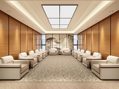 Hotel Public Lounge Area With White Sofas Wooden Panel Walls And Skylight Ceiling 3d model