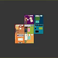 Cartoon Scene Of Colorful Cube Rooms With Various Miniature Furniture And Vibrant Design
