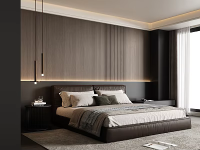 Modern Bedroom Interior Design With Wooden Wall Paneling Leather Headboard Pendant Lights And Nightstand 3d model