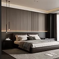 Modern Bedroom Interior Design With Wooden Wall Paneling Leather Headboard Pendant Lights And Nightstand