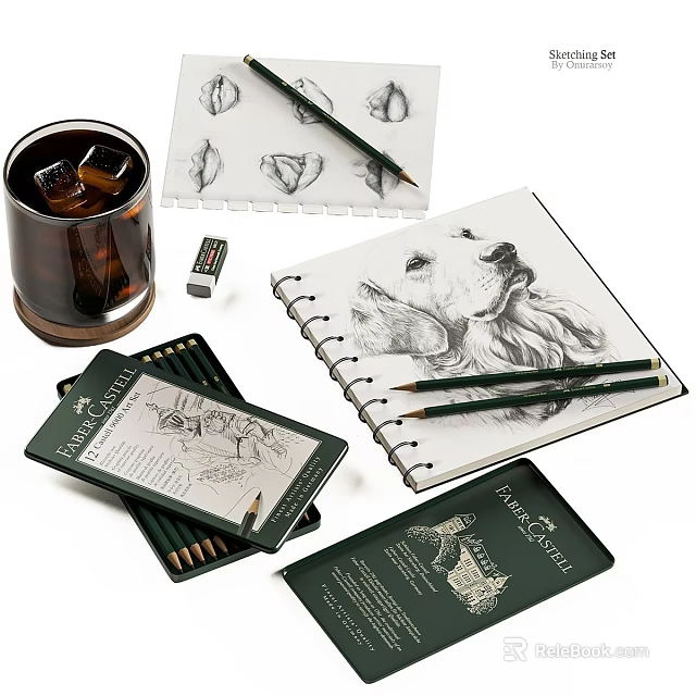 Derwent Pencils Sketching Dog Art in Open Sketchbook with Pencil Case 3d model 