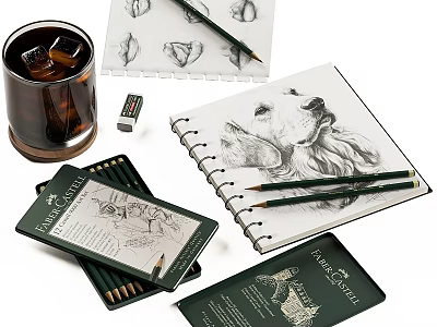 Derwent Pencils Sketching Dog Art in Open Sketchbook with Pencil Case 3d model